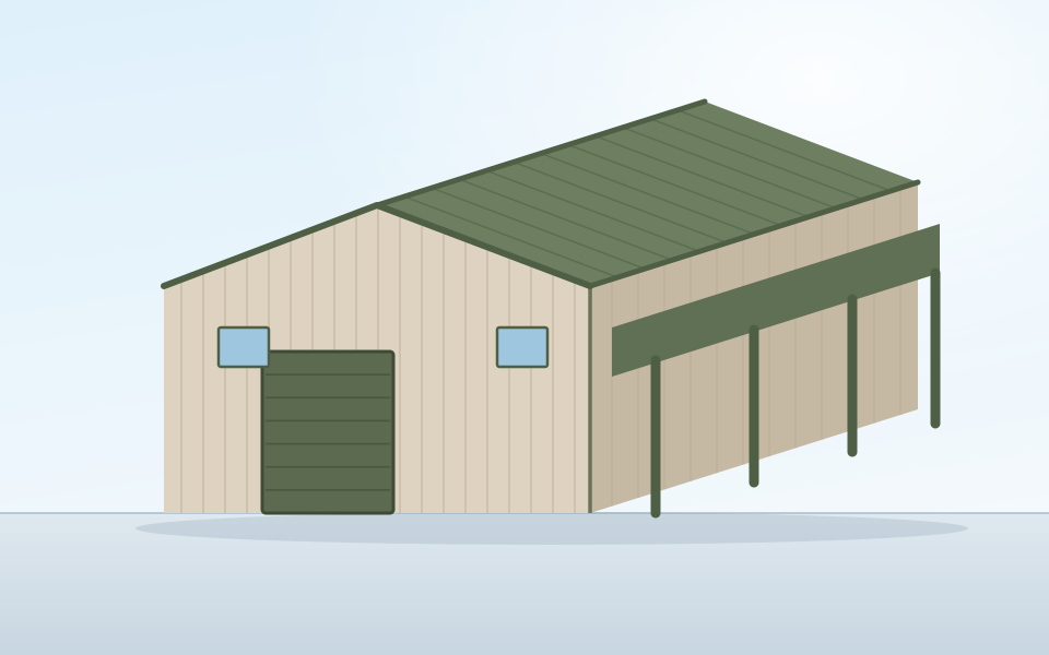Illustration of a tan agricultural metal building with a green roof, an enclosed work bay and an open lean-to carried on posts