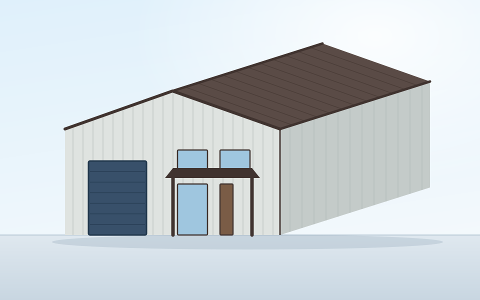 Illustration of a barndominium with a roll-up shop door at one end and a living end with windows and a covered porch