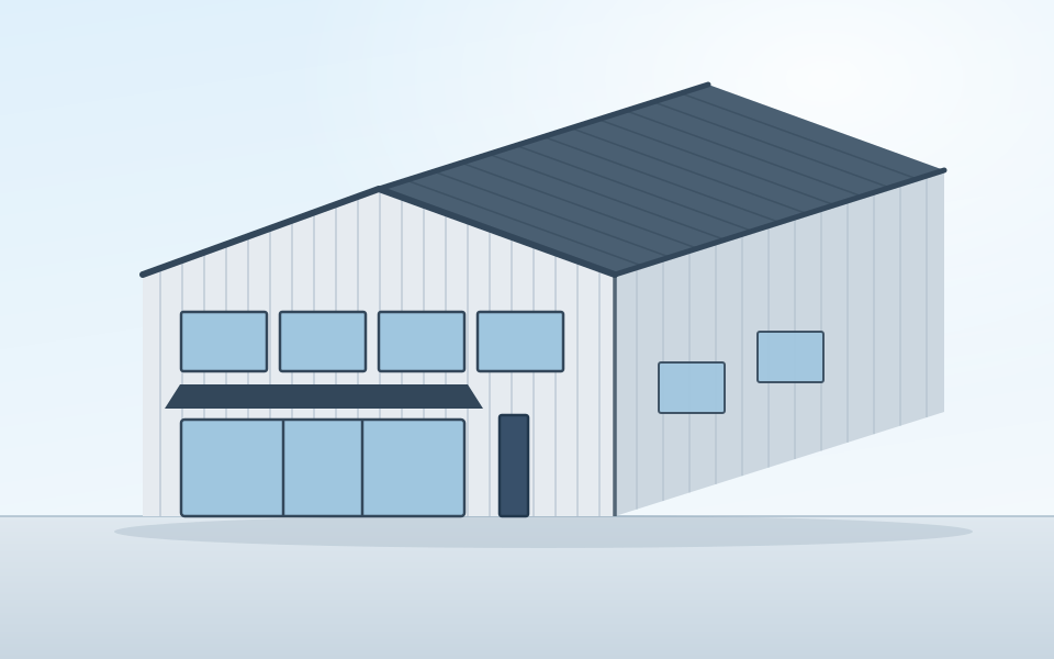 Illustration of a commercial metal building with a ribbon of storefront glazing, an entry canopy and a low-slope standing seam roof