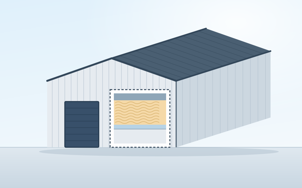Illustration of an insulated metal building with a cutaway panel showing the outer steel sheet, the insulation layer, the vapor retarder and the interior liner