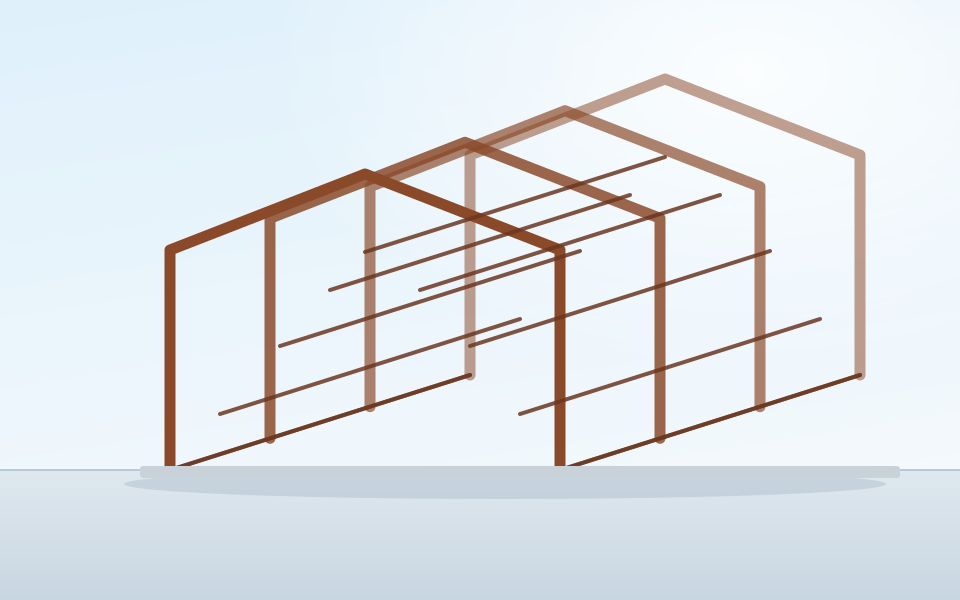 Illustration of an erected pre-engineered steel building frame showing four rigid frames, the purlins spanning between them and the concrete slab below