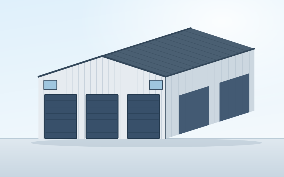 Illustration of a metal shop building with three roll-up doors across the gable end and two more along the side wall