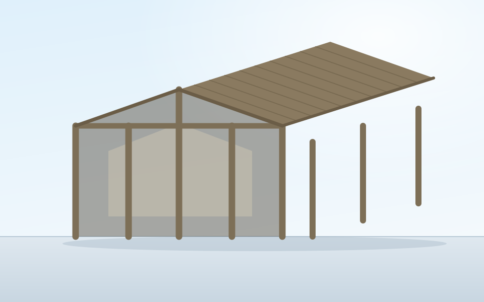 Illustration of an open-fronted post-frame pole barn showing the timber posts, the shaded interior and the roof plane above