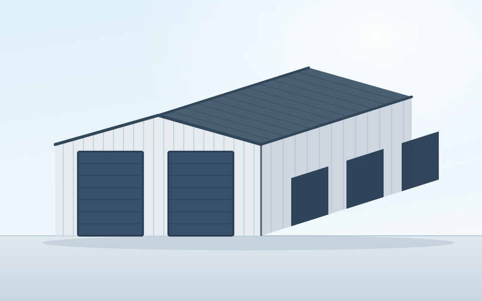 Illustration of a long clear-span metal warehouse with two drive-in doors on the end wall and three dock openings along the side